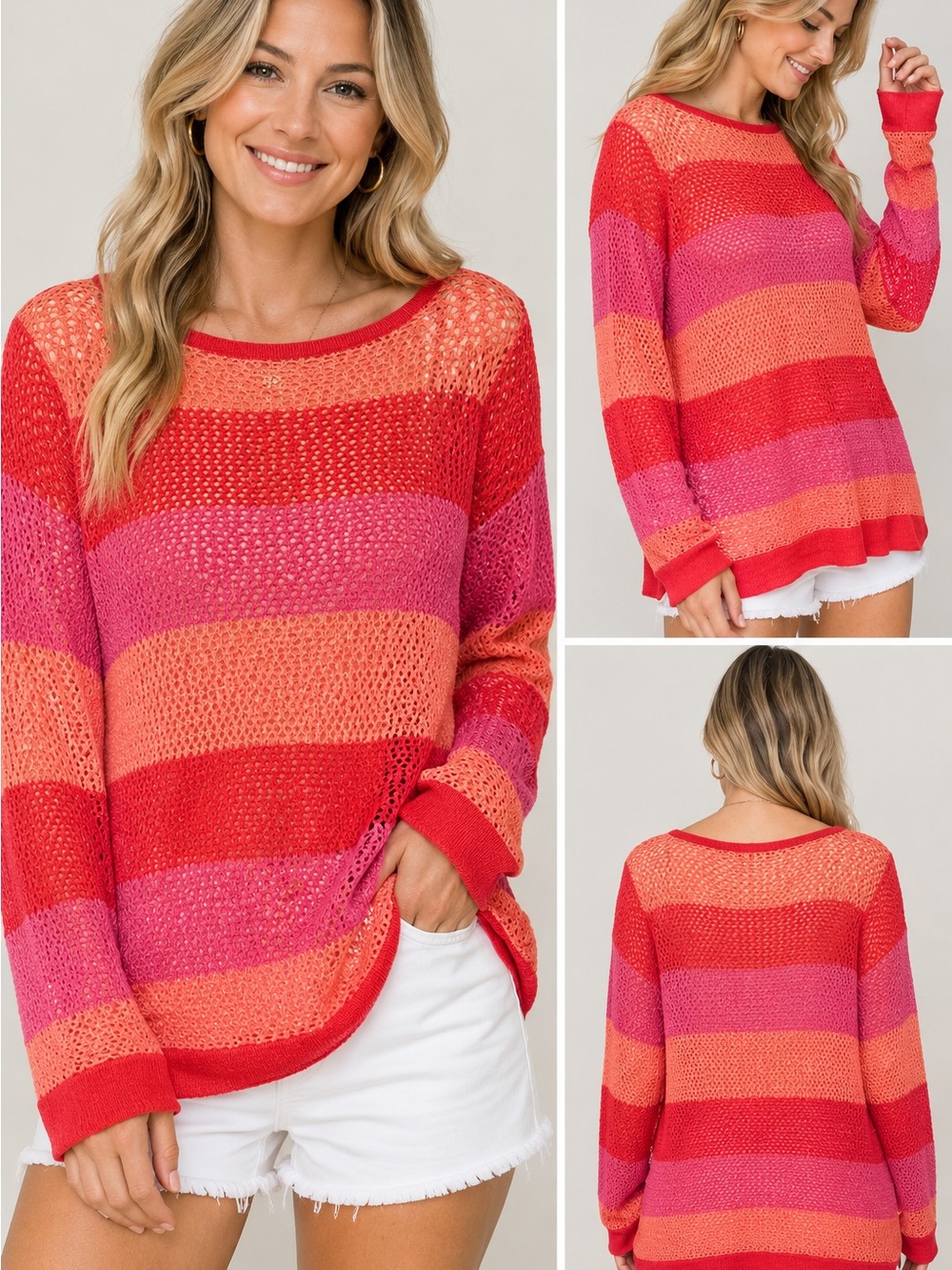 525 America Colorful Striped Open Knit Sweater M